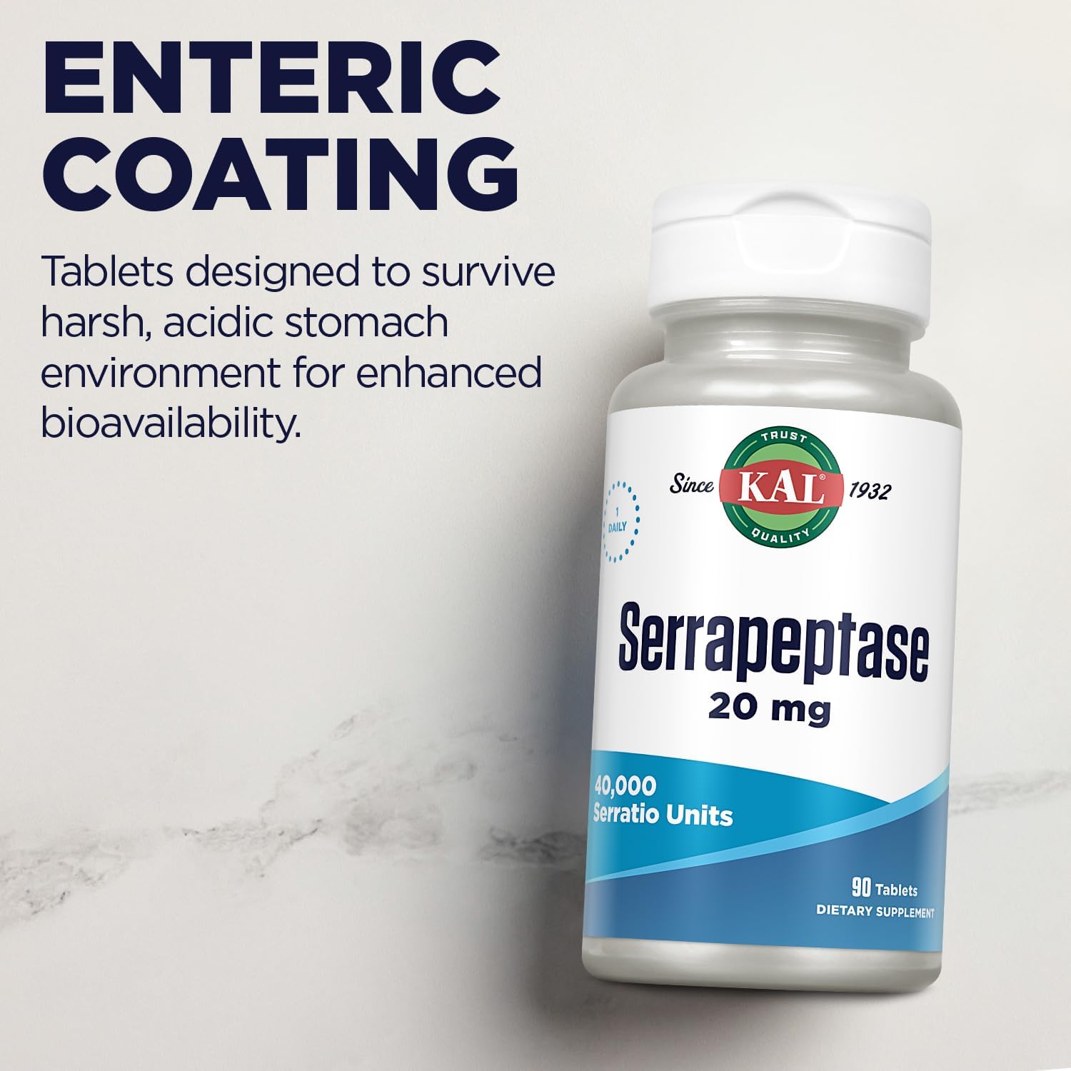 Kal Serrapeptase 20 Mg - Proteolytic Digestive Enzymes For Digestive Health Support - 40,000 Serratio Units - Enteric Coated -60-Day Guarantee - 90 Servings, 90 Tablets : Health & Household