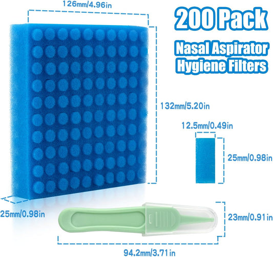 200-Pack of Premium Nasal Aspirator Hygiene Filters, Replacement for NoseFrida Nasal Aspirator Filters, BPA, Phthalate & Latex-Free with Nose Cleaning Tweezer