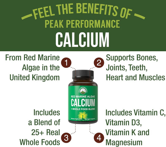 Plant Based Calcium - Red Marine Algae Calcium Supplement With Vitamin C, D3, K, Magnesium, And Whole Food Vegetable Blend. Vegan Capsules For Bones And Joints. 120 Pills, Tablets