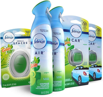 Febreze Air Freshener Bundle, Gain Original (2 Air Effects, 2 Car Vent Clips, 1 Small Spaces Air Freshener Kit)