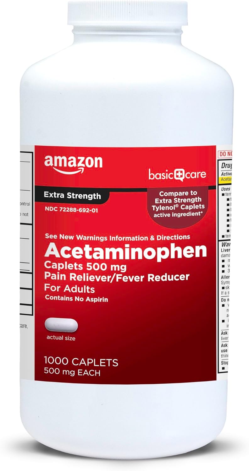 Amazon Basic Care Extra Strength Pain Relief, Acetaminophen Caplets, 500 Mg, 1000 Count (Packaging May Vary)