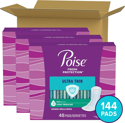 Poise Ultra Thin Incontinence Pads & Postpartum Incontinence Pads, 3 Drop Light Absorbency, Regular Length, 144 Count (3 Packs of 48), Packaging May Vary