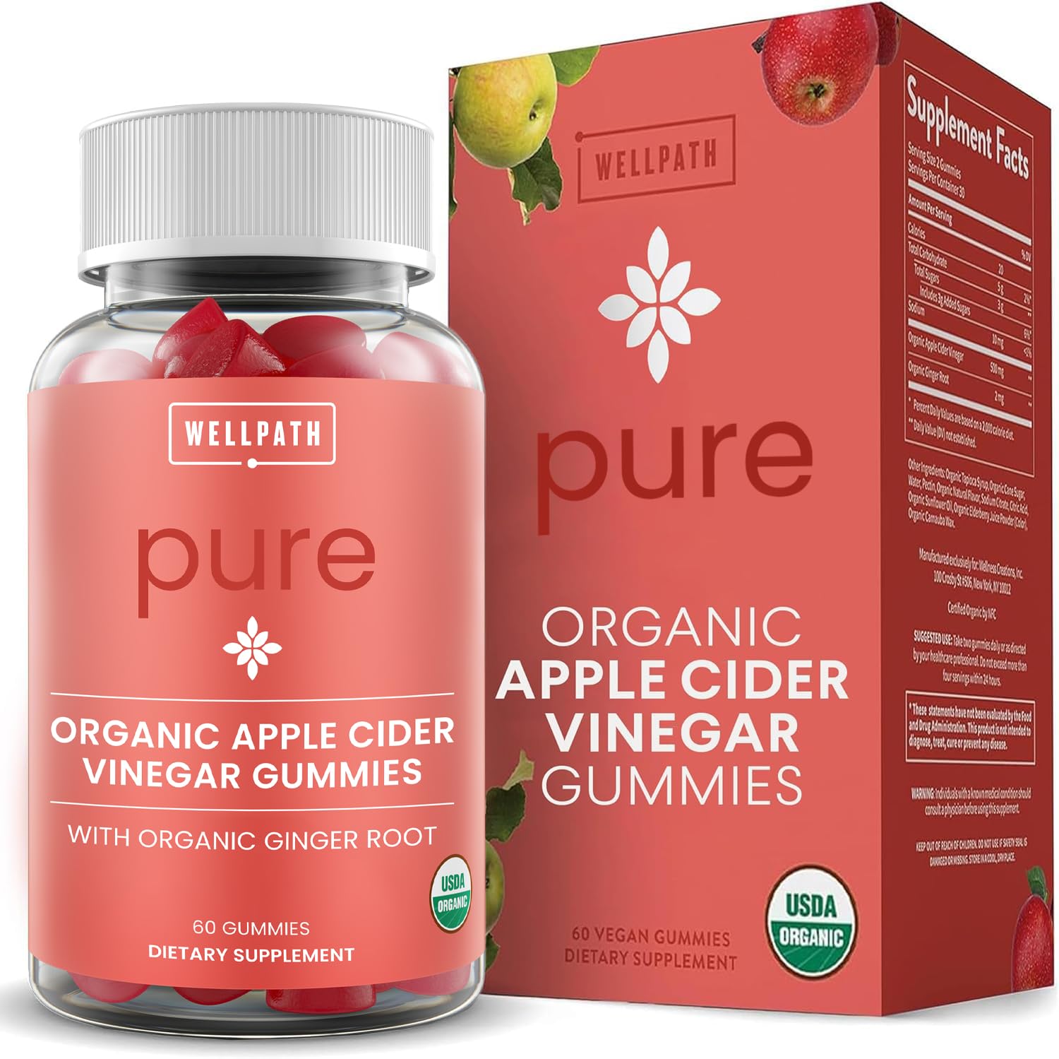 Wellpath Pure Organic Apple Cider Vinegar Gummies From The Mother | Usda Acv Gummy With Ginger For Gut Health | Vegan, Non-Gmo, 60 Ct