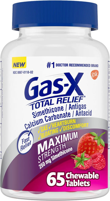 Gas-X Total Relief Chewable Tablets with Maximum Strength Gas Relief Simethicone 250 mg and Heartburn Relief Calcium Carbonate 750 mg, Bloating Relief, Mixed Berries - 65 Count