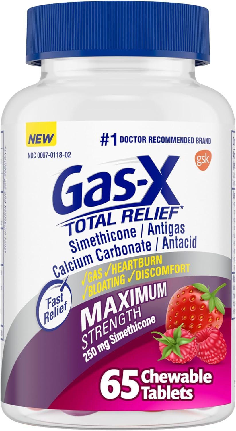 Gas-X Total Relief Chewable Tablets With Maximum Strength Gas Relief Simethicone 250 Mg And Heartburn Relief Calcium Carbonate 750 Mg, Bloating Relief, Mixed Berries - 65 Count
