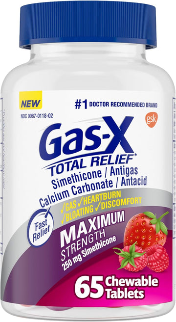 Gas-X Total Relief Chewable Tablets With Maximum Strength Gas Relief Simethicone 250 Mg And Heartburn Relief Calcium Carbonate 750 Mg, Bloating Relief, Mixed Berries - 65 Count