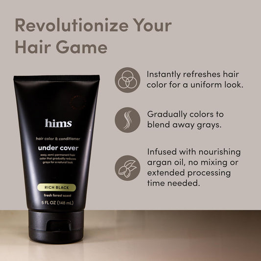 Hims & Hers Under Cover Hair Color & Conditioner - Rich Black, Color Depositing, Deep Conditioning For Men, Blends Grays, Semi-Permanent, Fresh Forest Scent, 5 Fl Oz
