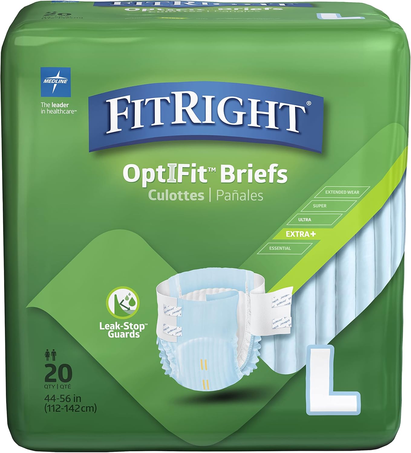 Fitright Optifit Extra+ Adult Diapers With Leak Stop Guards, Disposable Incontinence Briefs With Tabs, Moderate Absorbency, Large, 44"-56", 20 Count (Pack Of 4)