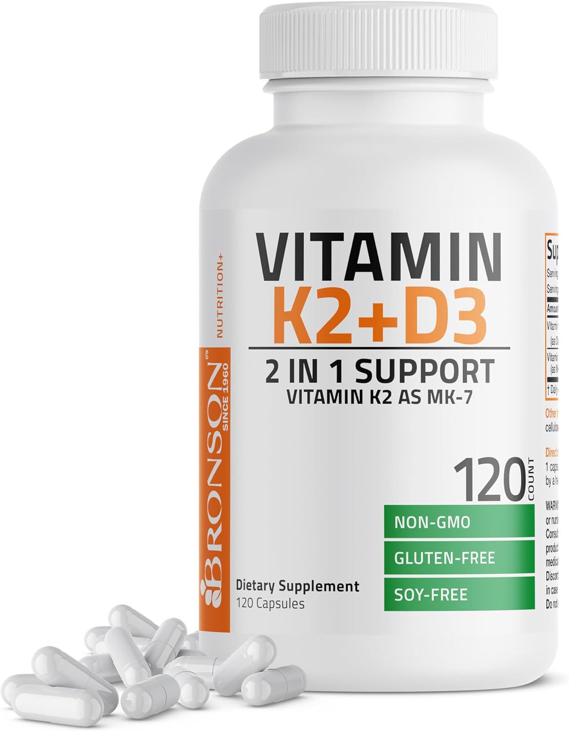 Bronson Vitamin K2 (Mk7) With D3 Supplement Non-Gmo Formula 5000 Iu Vitamin D3 & 90 Mcg Vitamin K2 Mk-7 Easy To Swallow Vitamin D & K Complex, 120 Capsules