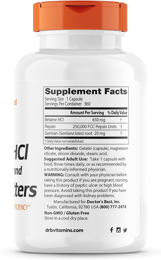 Doctor's Best Betaine HCI Pepsin & Gentian Bitters, Digestive Enzymes for Protein Breakdown & Absorption, Non-GMO, Gluten Free, 360 Count (Pack of 1)