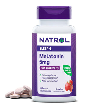 Natrol Melatonin Fast Dissolve Sleep Aid Tablets, Fall Asleep Faster, Stay Asleep Longer, Easy to take, Dissolves in Mouth, Drug Free, 5mg, 90 Strawberry avored Tablets