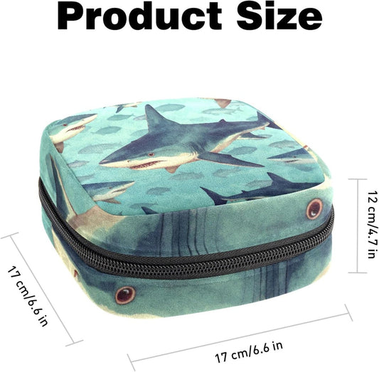 Feminine Care Organizer Bag – Soft Pad Holder for Purse, Sanitary Bags for Feminine Products Shark Pattern