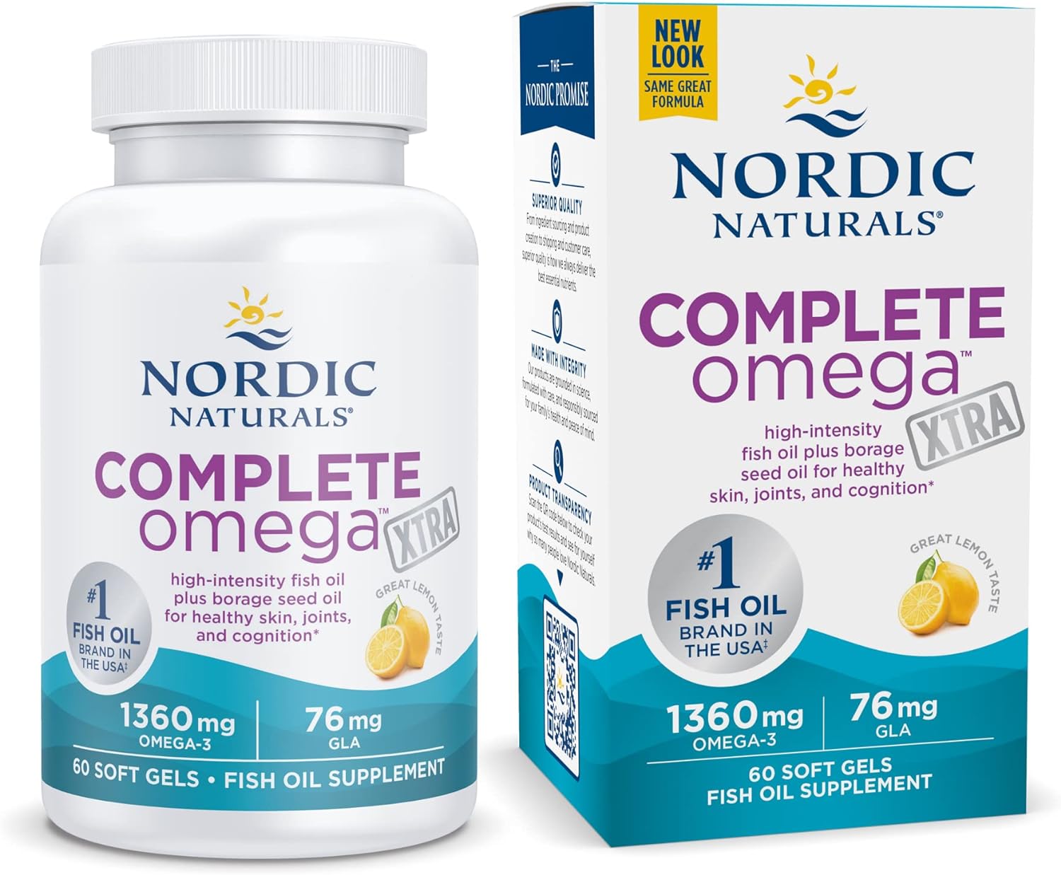 Nordic Naturals Complete Omega Xtra, Lemon - 60 Soft Gels - 1360 mg Omega-3 + 76 mg GLA - Healthy Skin, Joints & Cognition - Non-GMO - 30 Servings