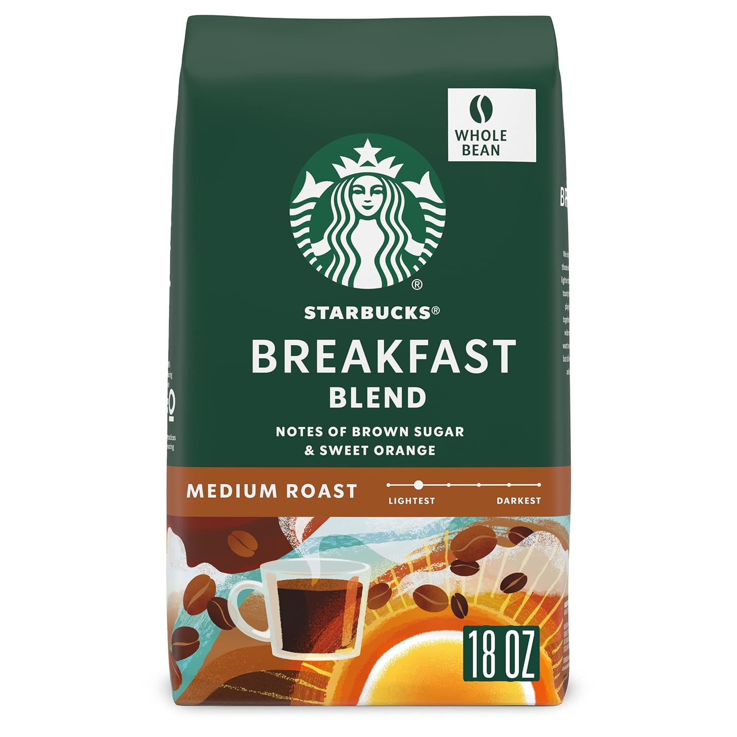 Starbucks Whole Bean Coffee, Medium Roast Coffee, Breakfast Blend, 100% Arabica, 1 Bag (18 Oz)