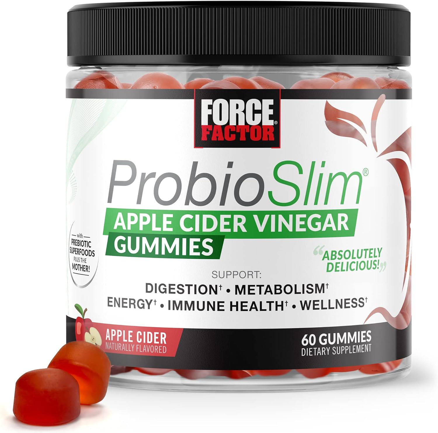 Force Factor ProbioSlim Apple Cider Vinegar Gummies with Organic LactoSpore Probiotics and Prebiotics to Support Digestion, Metabolism, and Immune Health, 60 Gummies