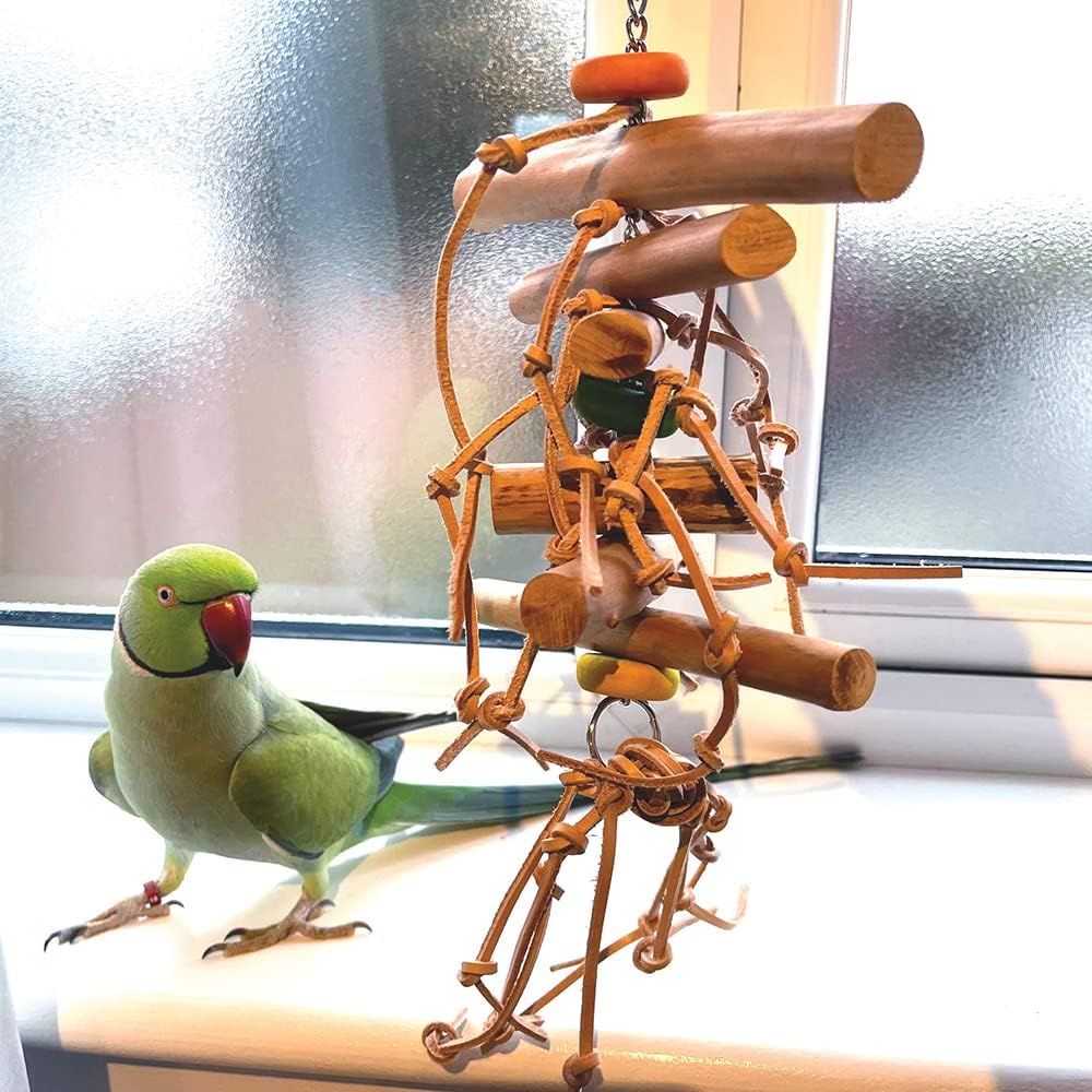 Wood Roll & Leather Knots Stacker Parrot Toy