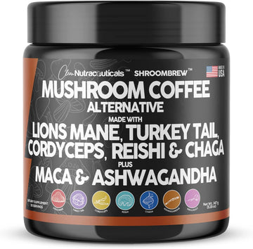 Clean Nutraceuticals Mushroom Coffee Alternative Mix - Maca Coffee With Lions Mane Mushroom, Cordyceps & Ashwagandha - Cacao Based With Maca Root, Turkey Tail, Chaga & Reishi Mushroom - Usa Made