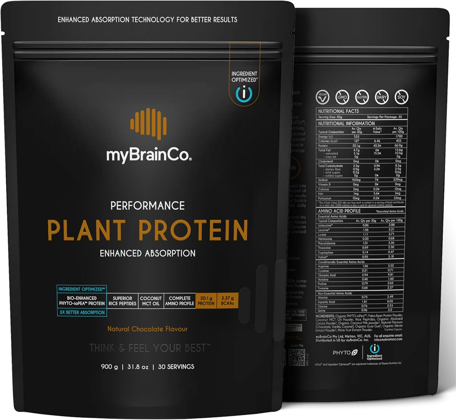 Bio-Optimized Plant Protein Powder – Organic Iopea® + Rice Peptides + Mct Oil – Vegan, Fodmap Certified, No Bloating – Natural Chocolate, 31.8 Oz (30 Servings)