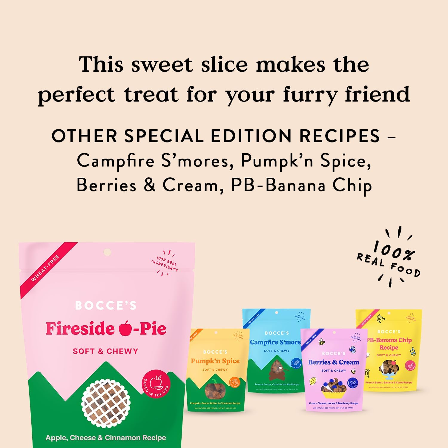 Bocce's Bakery Fireside Apple Pie Treats for Dogs, Wheat-Free Everyday Dog Treats, Made with Real Ingredients, Baked in The USA, All-Natural Soft & Chewy Cookies, Apples, Cheese & Cinnamon, 6 oz : Pet Supplies