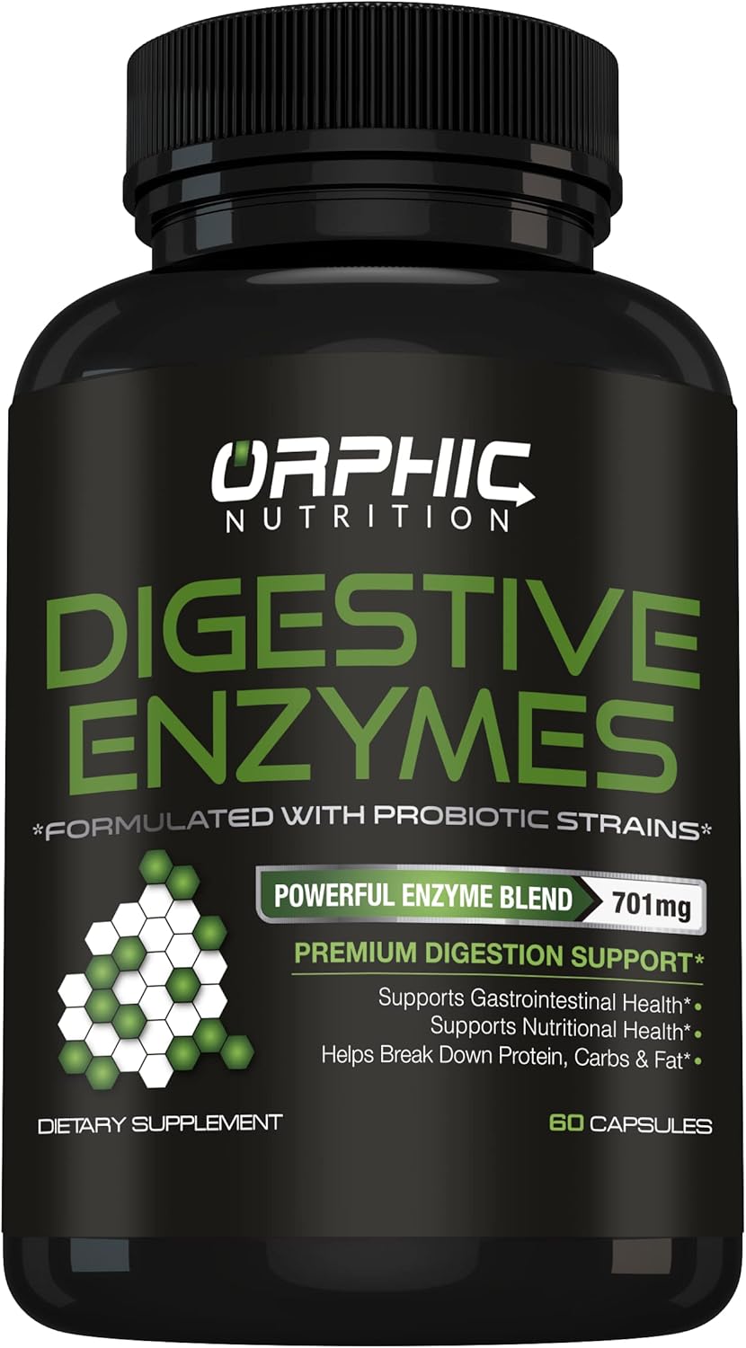 Orphic Nutrition Digestive Enzyme - Supports Stomach Health* - Supports Breakdown Of Carbs, Protein, Fat And Nutrient Absorption Rate* - Probiotic Digestion Support Supplement* - 60 Capsules
