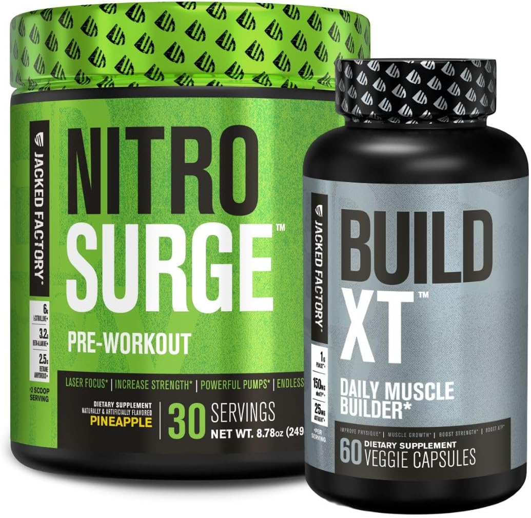 Jacked Factory Nitrosurge Pre-Workout In Pineapple & Build Xt Muscle Building Bundle For Men & Women