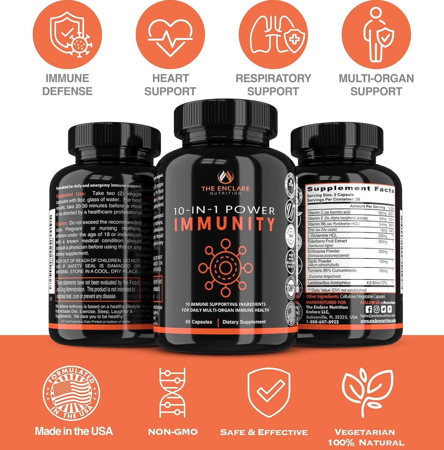 The Enclare Nutrition Immune Support Vitamins With Vitamin C, Elderberry, Zinc, Echinacea, Turmeric Curcumin, Garlic. 10In1 Immunity Defense Supplement Booster For Adults. Veg Capsules 60Ct (3) : Health & Household