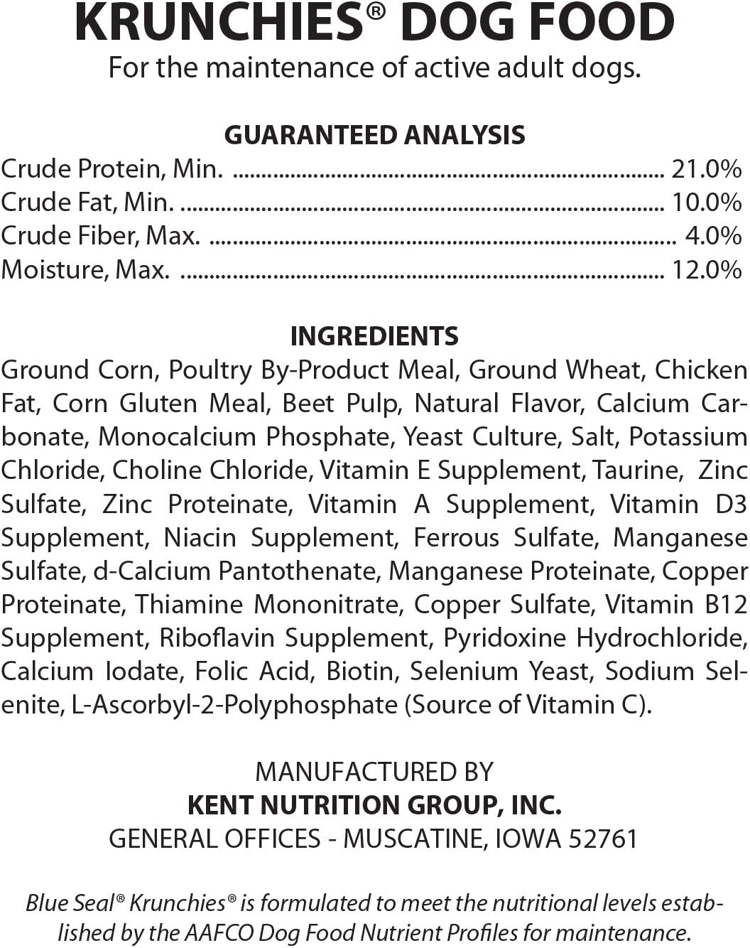 Blue Seal Kent Nutrition Krunchies Adult Dog Food 5 Lbs. No Soy, No Artificial Colors or Preservatives, Nutritionally Complete with Added Vitamins and Minerals : Pet Supplies