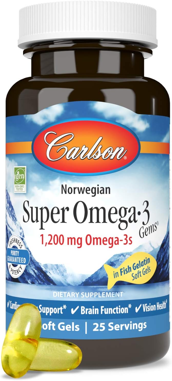 Carlson - Super Omega-3 Gems, 1200 Mg Omega-3S, Cardiovascular Support, Brain Function & Vision Health, Norwegian, 180 Soft Gels : Health & Household