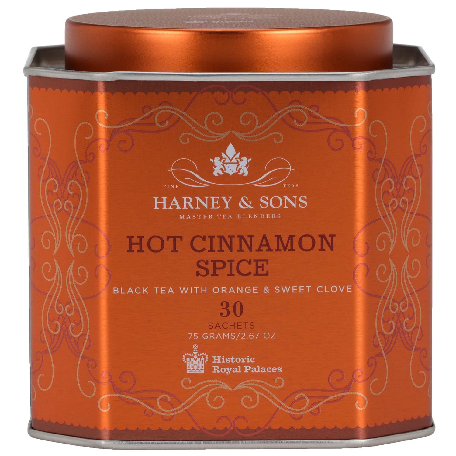 Harney & Sons Hot Cinnamon Spice Tea Tin - Black Tea With Orange & Sweet Clove - 2.67 Ounces, 30 Sachets