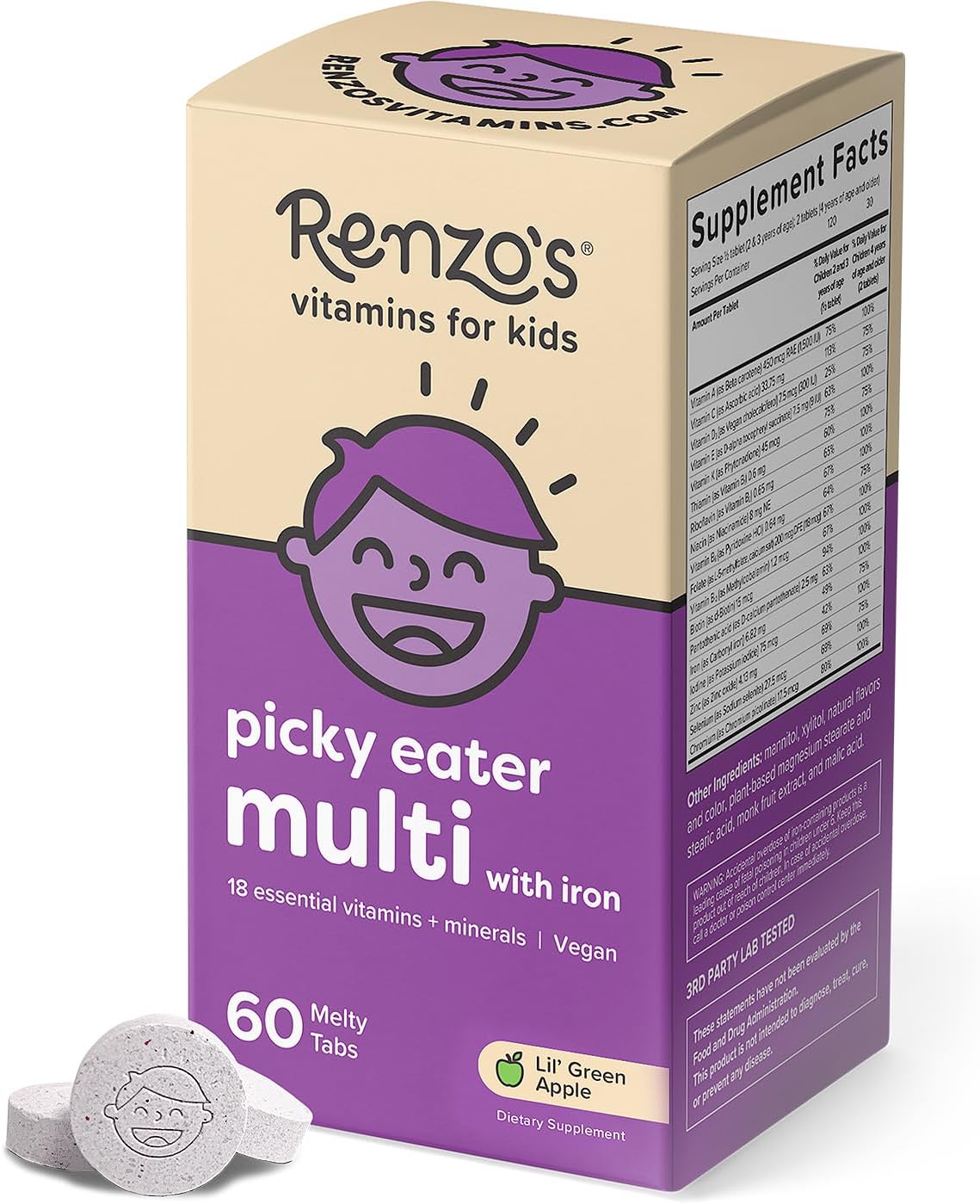 Renzo’s Picky Eater Kids Multivitamin with Iron - Dissolving Kids Vitamins with Vitamin D3 & K2 and More - 60 Sugar-Free Melty Tabs, Lil’ Green Apple Flavored
