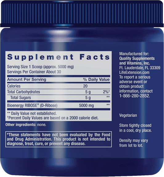 Life Extension D-Ribose Powder, Dissolve In Liquid To Encourage Cellular Energy Production And Support Heart And Muscle Health, Gluten-Free, Non-Gmo, Vegetarian, 150 Grams