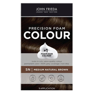 John Frieda Brown Permanent Precision Hair Color, Foam Hair Kit, Brown Hair Dye, 5N Medium Natural Brown Hair Color, 1 Application