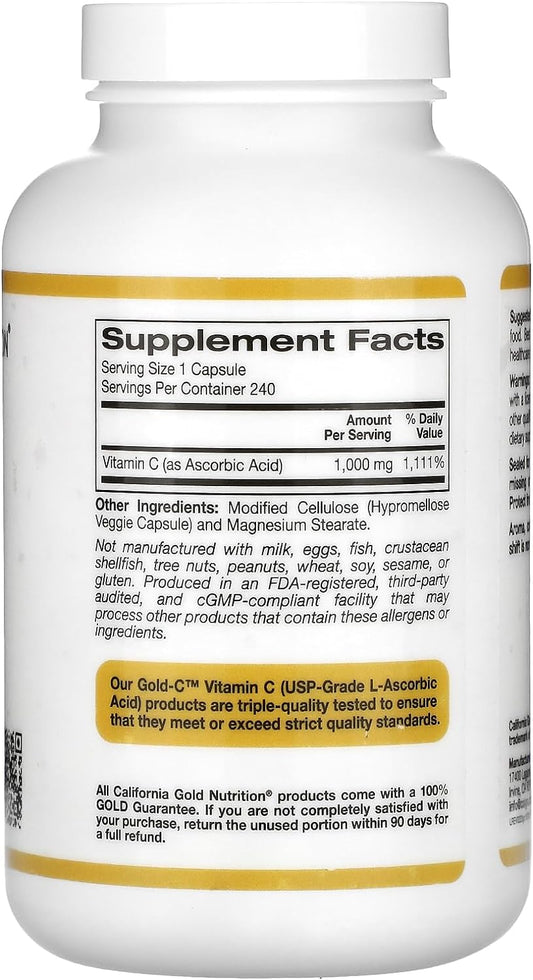 Gold C by California Gold Nutrition - USP Grade Vitamin C Supplement - Immune Support & Seasonal Wellness - Vegetarian Friendly - Gluten Free, Non-GMO - 1000 mg - 240 Veggie Capsules