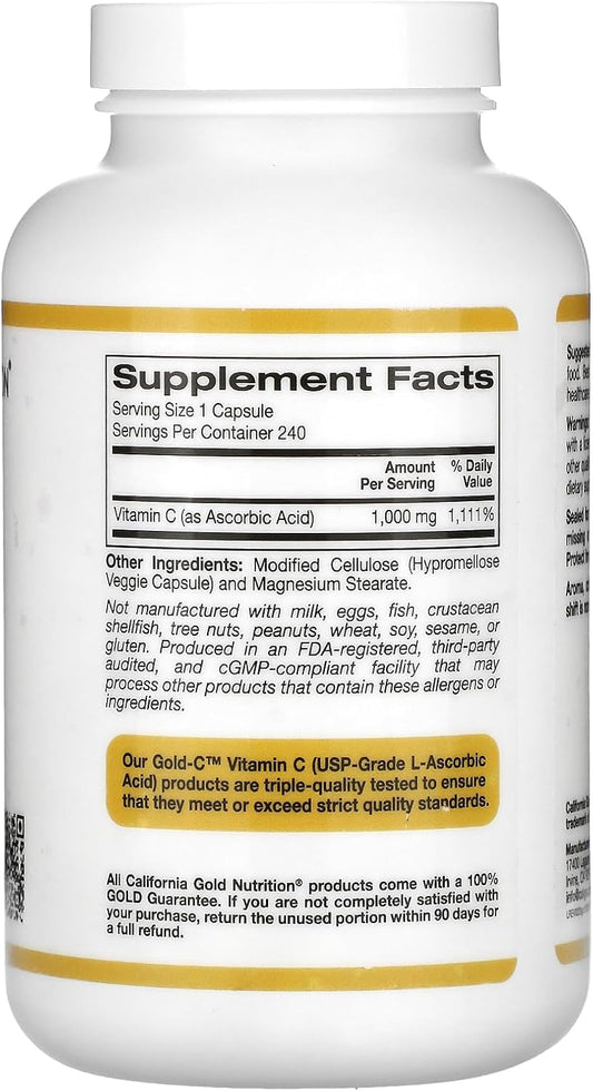 Gold C By California Gold Nutrition - Usp Grade Vitamin C Supplement - Immune Support & Seasonal Wellness - Vegetarian Friendly - Gluten Free, Non-Gmo - 1000 Mg - 240 Veggie Capsules