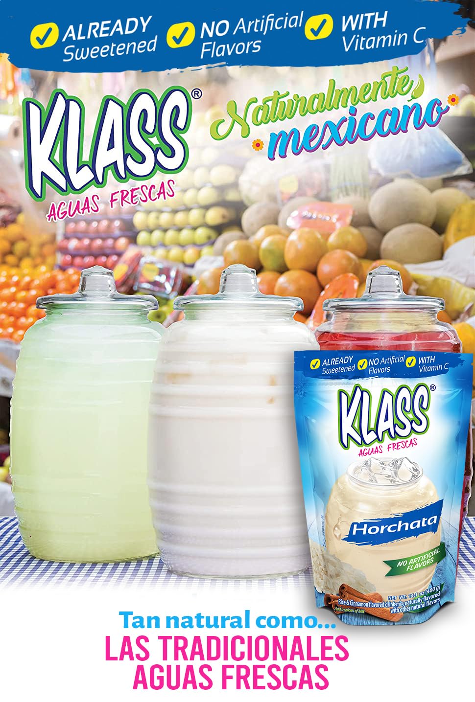 Drink Mix Aguas Frescas | Klass Horchata & Strawberry Horchata | Drink Mix, Flavors From Natural Sources, No Artificial Flavors, With Vitamin C (Makes 7 To 9 Quarts) 14.1 Oz Family Pack (4Pack)