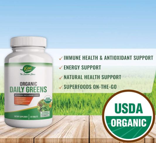 King Naturals Organic Daily Greens with Organic Fruits & Organic Veggies - USDA Certified, Non-GMO, Vegan, Tablets. Superfoods On-The-Go. Immune Health, Antioxidant, Natural Health, Energy Support