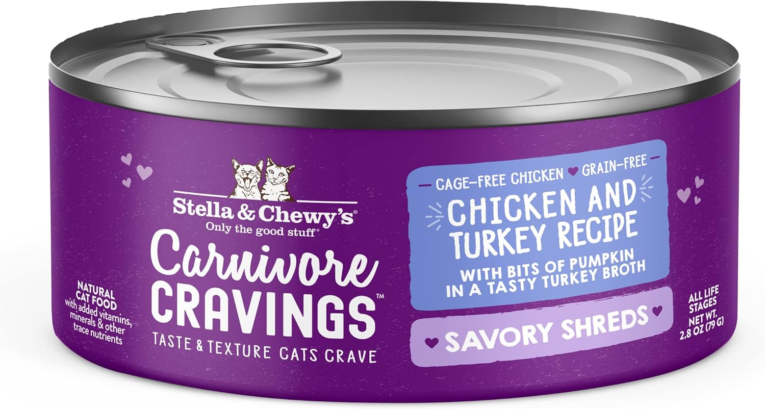 Stella & Chewy'S Carnivore Cravings Savory Shreds Cans – Grain Free, Protein Rich Wet Cat Food – Cage-Free Chicken & Turkey Recipe – (2.8 Ounce Cans, Case Of 24)