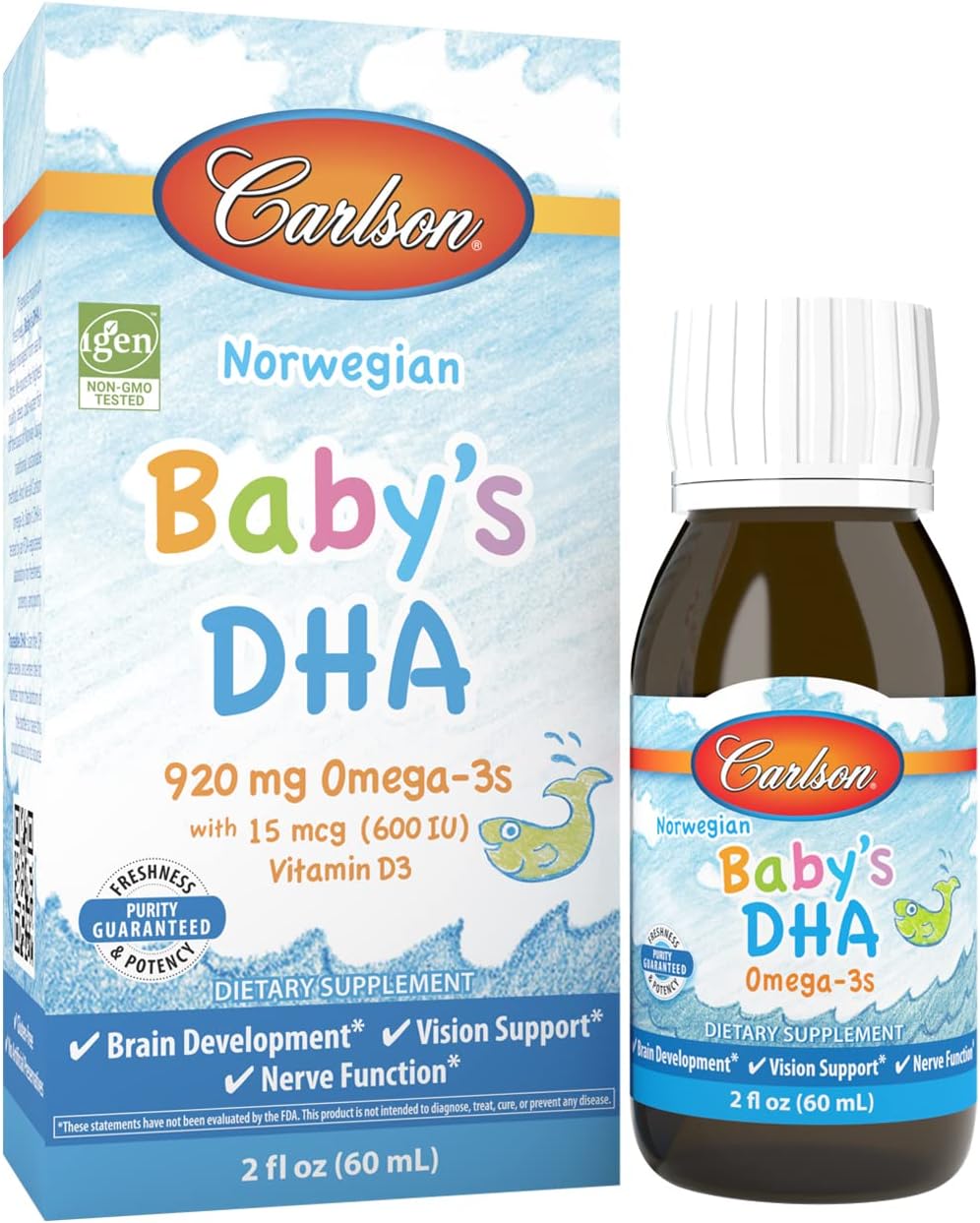 Carlson - Baby's DHA, Liq DHA Baby Supplement, 1100 mg Omega-3s + 400 IU Vitamin D3, Brain Development, Vision Support & Nerve Function, Omega-3 Liq for Babies, Baby Fish Oil, 60 mL