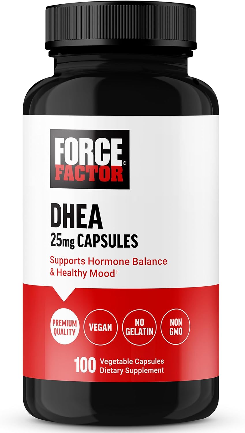 FORCE FACTOR DHEA 25mg, DHEA Supplement for Women and Men to Support Hormone Balance and Healthy Mood, Premium Quality, Vegan Friendly, Non-GMO, 100 Vegetable Capsules
