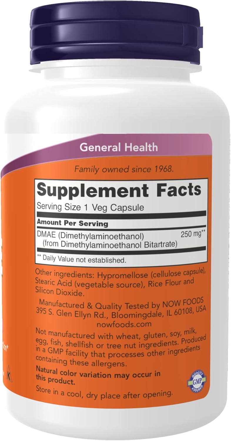 NOW Supplements, DMAE (Dimethylaminoethanol) 250 mg, Healthy Brain Function*, 100 Veg Capsules