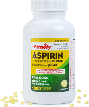 Timely - Low Dose Aspirin 81mg - 1000 Tablets - Compared to the active ingredient in Bayer Low Dose - Enteric Coated Low Strength - Pain Reliever for Minor Aches and Pains, Fever Reducer - Made in USA