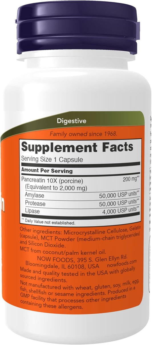 Now Supplements, Pancreatin 10X 200 Mg With Naturally Occurring Protease (Protein Digesting), Amylase (Carbohydrate Digesting), And Lipase (Fat Digesting) Enzymes, 100 Capsules
