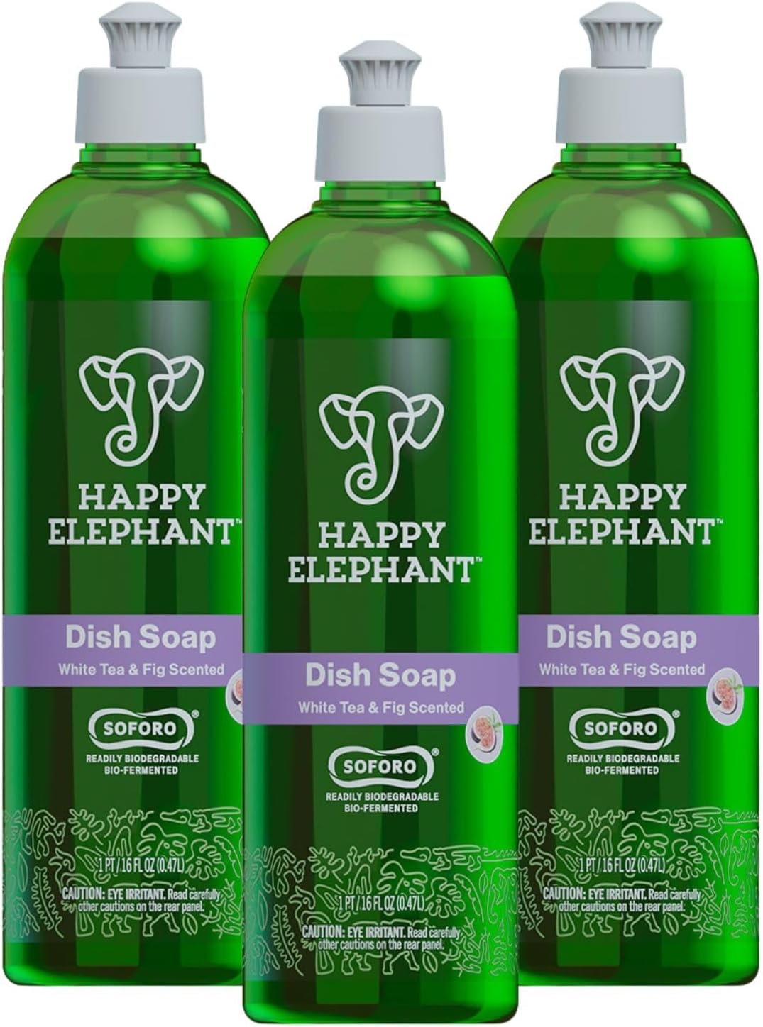 Happy Elephant Dish Soap - Superior Cleaning Power, Liquid Ez Squeeze Bottle, Easy Rinse, Less Water, Cuts Through Grease, Gentle on Hands - White Tea and Fig (16 fl oz - Pack of 3)