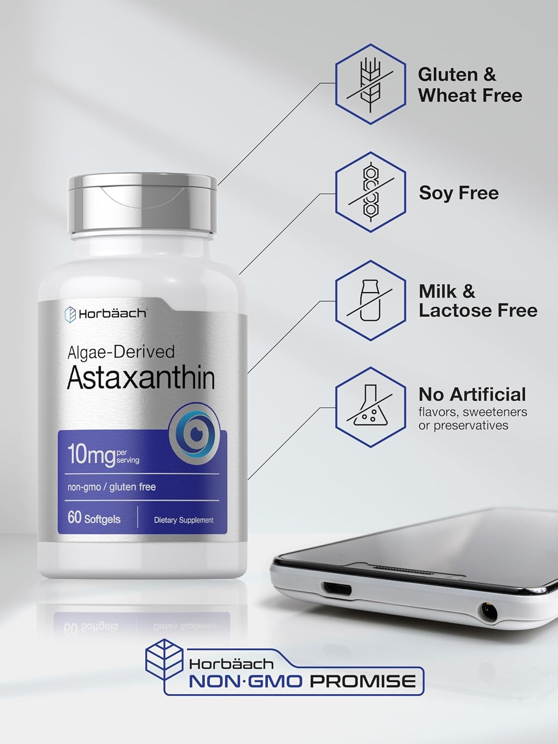 Horbäach Astaxanthin 10mg | 60 Softgels | Algae Derived Formula | Non-GMO, Gluten Free Supplement : Health & Household