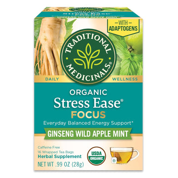 Traditional Medicinals Tea, Organic Stress Ease Focus, With Adaptogens, Everyday Balanced Energy, Ginseng Wild Apple Mint, 16 Tea Bags