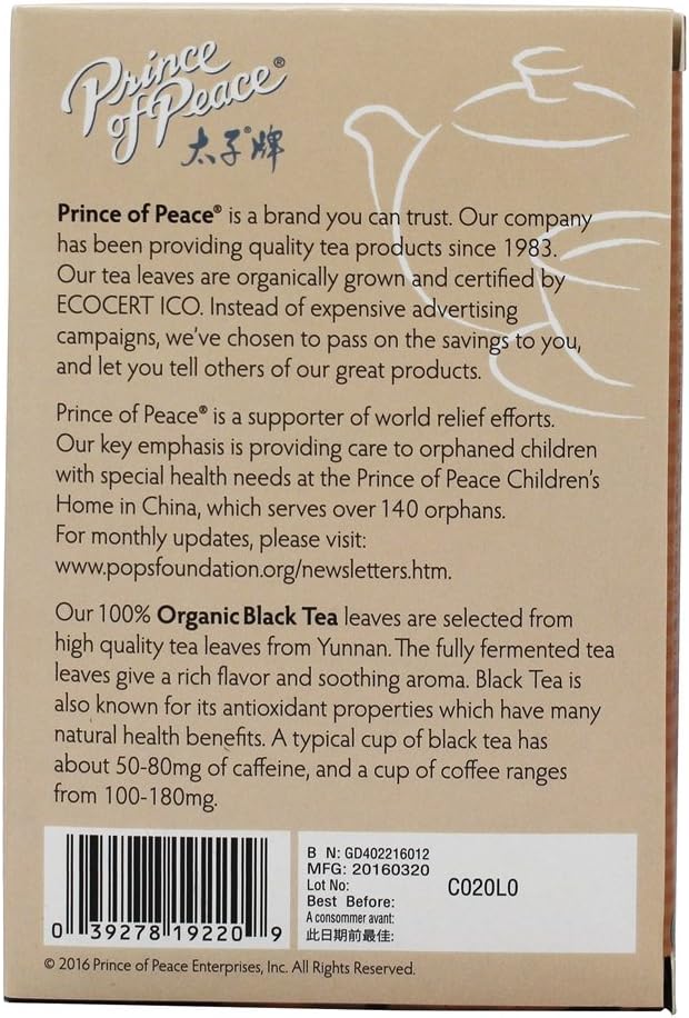 Prince Of Peace Organic Black Tea, 20 Tea Bags – 100% Organic Black Tea – Unsweetened Black Tea – Lower Caffeine Alternative To Coffee – Herbal Health Benefits