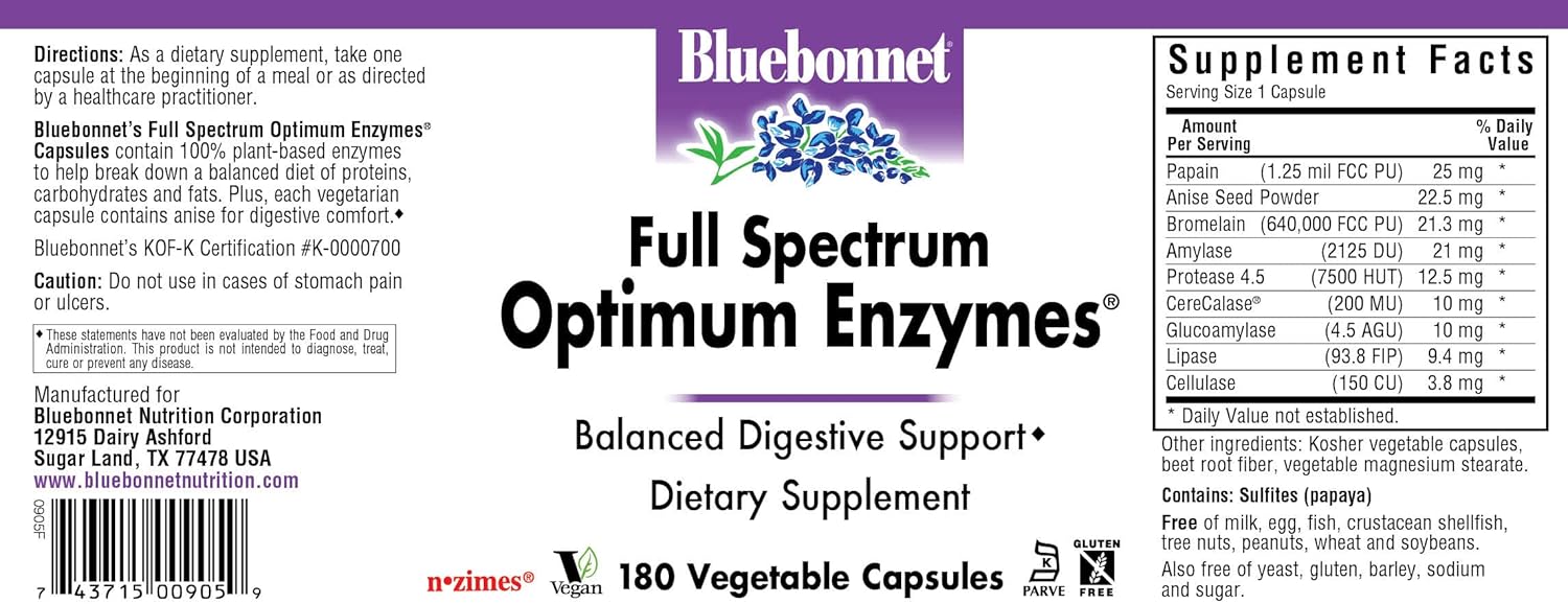 Bluebonnet Full Spectrum Optimum Enzymes Vegetarian Capsules, 180 Count : Health & Household