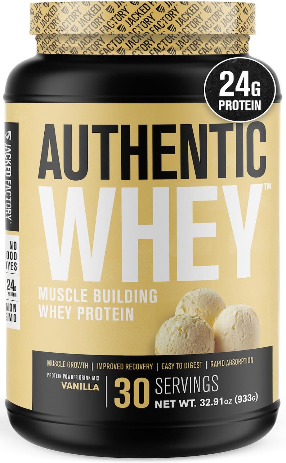 Jacked Factory Authentic Whey Muscle Building Whey Protein Powder - Low Carb, Non-Gmo, No Fillers, Mixes Perfectly - Vanilla Flavor