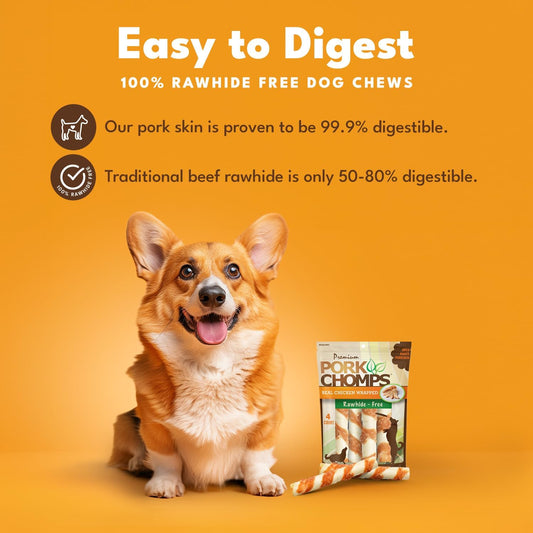 Pork Chomps Baked Pork Skin Dog Chews, 6-Inch Twists, Real Chicken Wrap, 4 Count