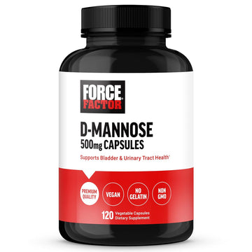 FORCE FACTOR D Mannose, D-Mannose 500mg Supplement to Support Urinary Tract Health for Women and Men, Bladder Control Supplements, Premium Quality, Vegan, Non-GMO, 120 Capsules